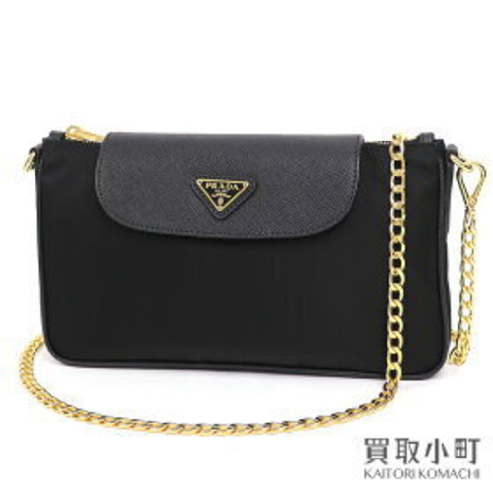 PRADA Triangle Logo Chain Shoulder Bag Black Tessuto Saffiano Leather Crossbody